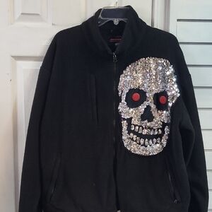 Upcycled, Sam Cro,Black Fleece Jacket with Sequin Skull Design